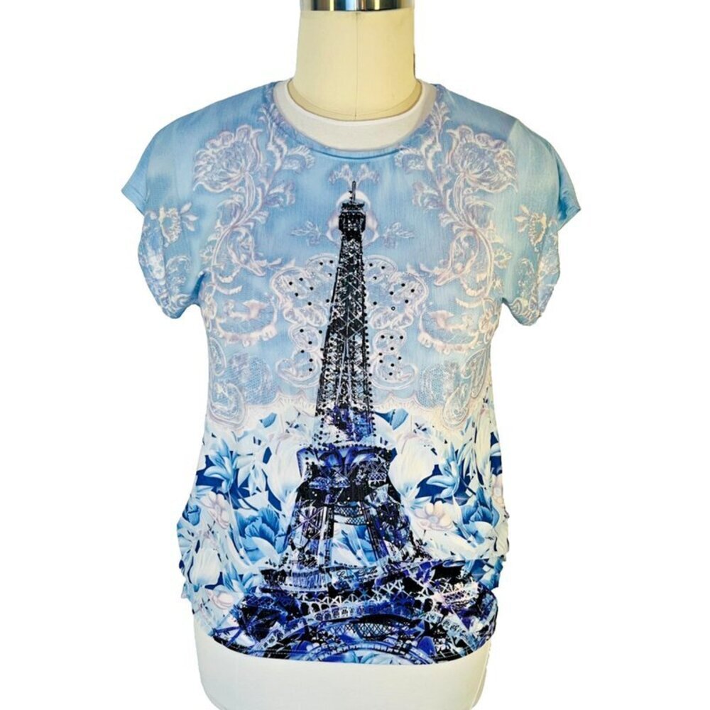 Blossom by P. Tunic Top Women's XL Eiffel Tower Beaded Short Sleeve Thin Knit